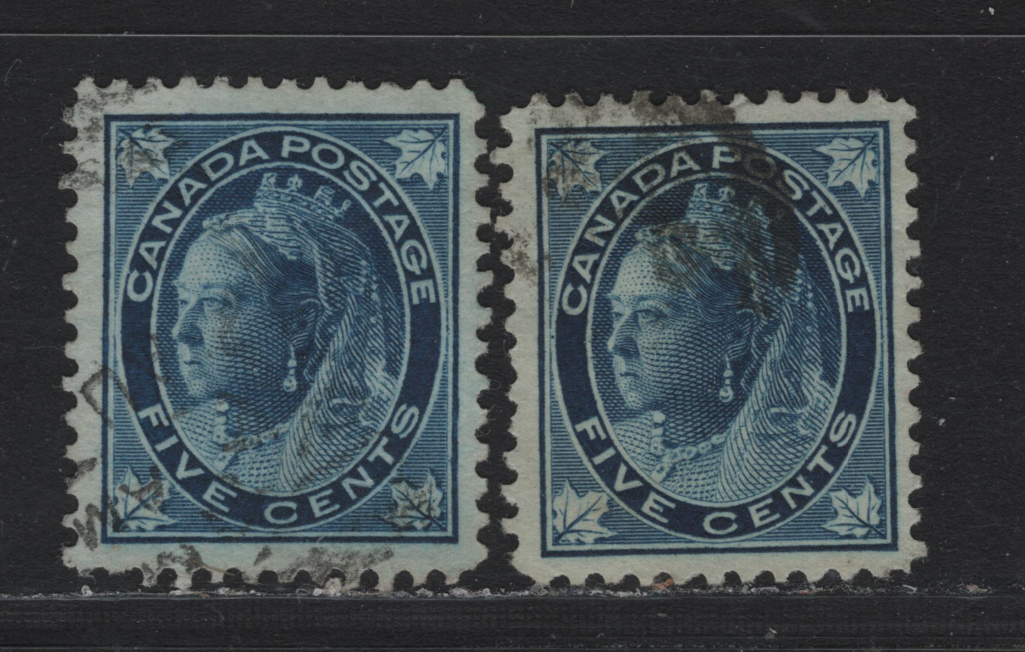 Lot 83 Canada (C) #70 5c Blue & Dark Blue Queen Victoria, 1897-1898 Maple Leaf Issue, 2 Fine/Very Fine Used Singles, ABN-FF Paper, Perf 12x11.9 & 11.9x12