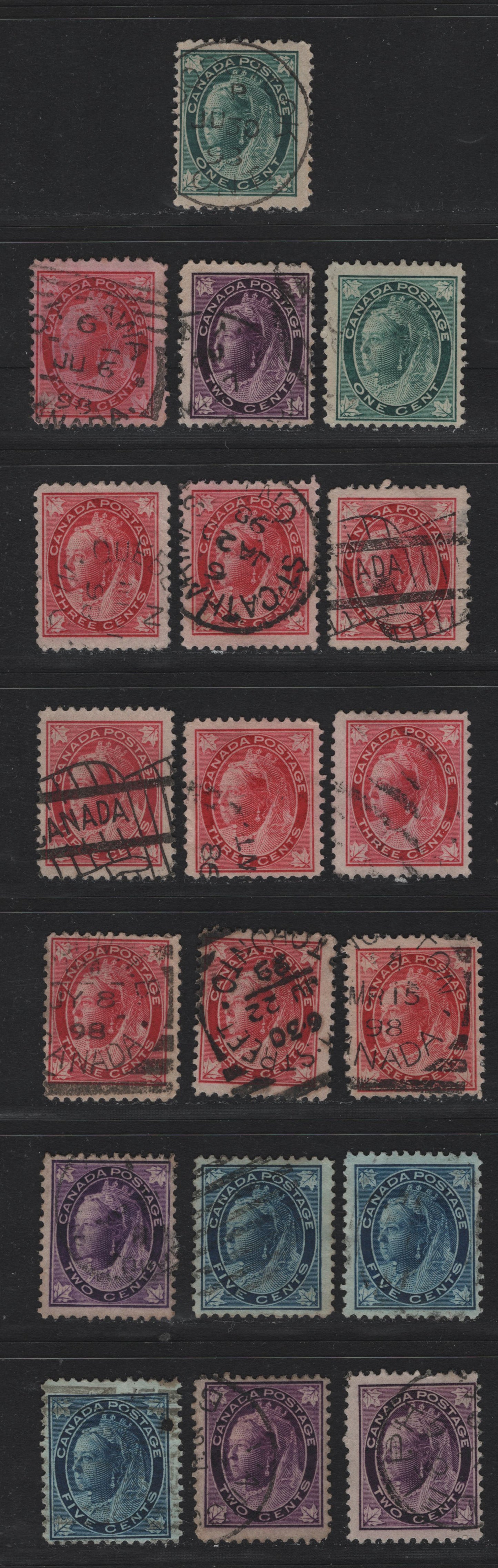 Lot 84 Canada (C) #67-70 1c - 5c Blue Green - Blue Queen Victoria, 1897-1898 Maple Leaf Issue, 19 Fine Used Singles, Various Papers & Perfs That Have Not Been Checked