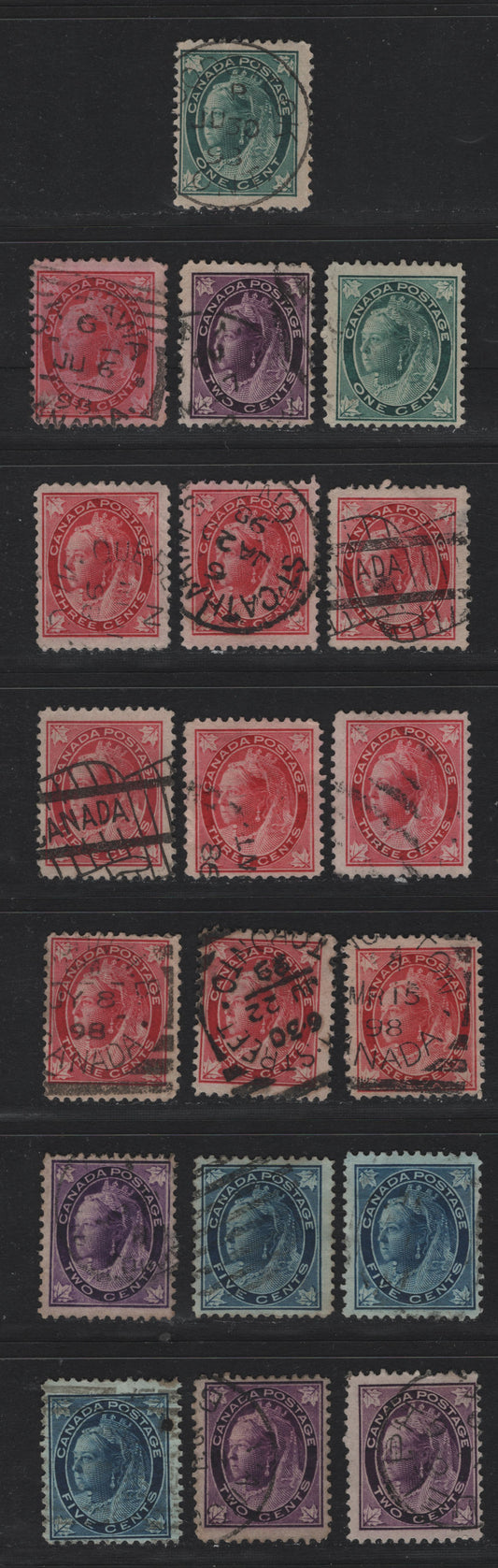 Lot 84 Canada (C) #67-70 1c - 5c Blue Green - Blue Queen Victoria, 1897-1898 Maple Leaf Issue, 19 Fine Used Singles, Various Papers & Perfs That Have Not Been Checked