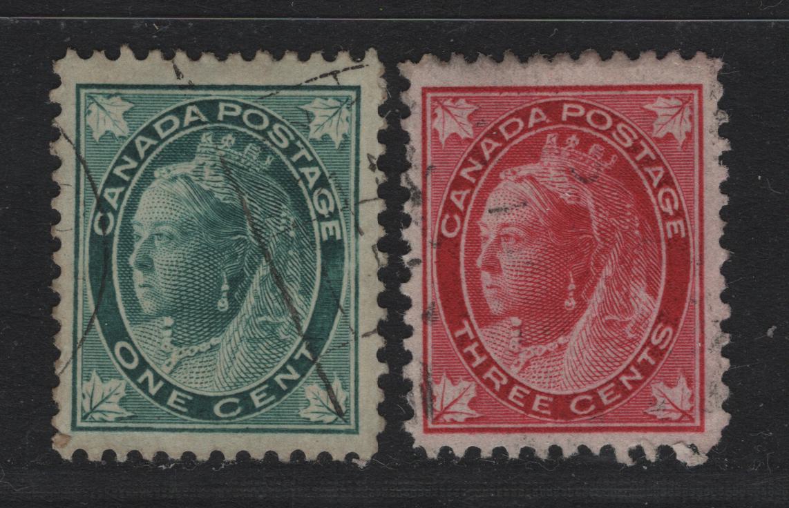 Lot 85 Canada (C) #67, 69 1c - 3c Blue Green & Bright Carmine Queen Victoria, 1897-1898 Maple Leaf Issue, 2 Very Fine Used Singles, Papers ABN-X & ABN-Y, Perfs 12 & 12x11.9
