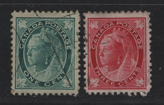 Lot 85 Canada (C) #67, 69 1c - 3c Blue Green & Bright Carmine Queen Victoria, 1897-1898 Maple Leaf Issue, 2 Very Fine Used Singles, Papers ABN-X & ABN-Y, Perfs 12 & 12x11.9