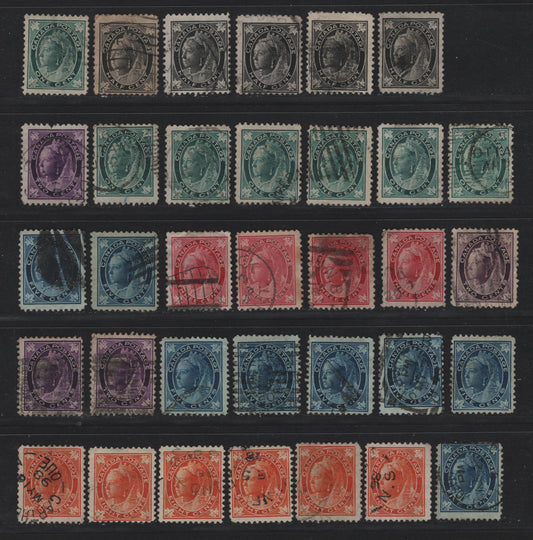 Lot 86 Canada (C) #66-70, 72 1/2c - 8c Black - Orange Queen Victoria, 1897-1898 Maple Leaf Issue, 34 Very Good Used Singles, Various Papers & Perfs That Have Not Been Checked, Some Small Faults On A Few