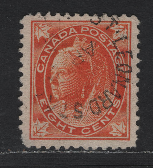 Lot 93 Canada #72ii 8c Orange Queen Victoria, 1897-1898 Maple Leaf Issue, A Very Fine Used Single, ABN-GG Paper, Perf 11.9x12, St Leonard St Split Ring.