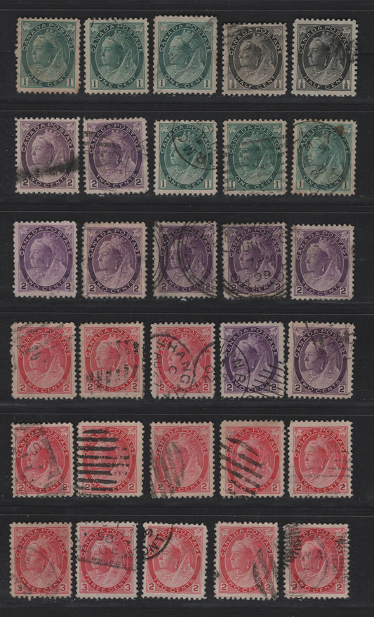 Lot 97 Canada (C) #74-77,a, 76i, 78 1/2c - 3c Black - Carmine Rose Queen Victoria, 1898-1902 Numeral Issue, 7 Very Fine Used Singles, Various Papers & Perfs, Unchecked As to Specific Measurements & Types, Includes one 2c Die 2.