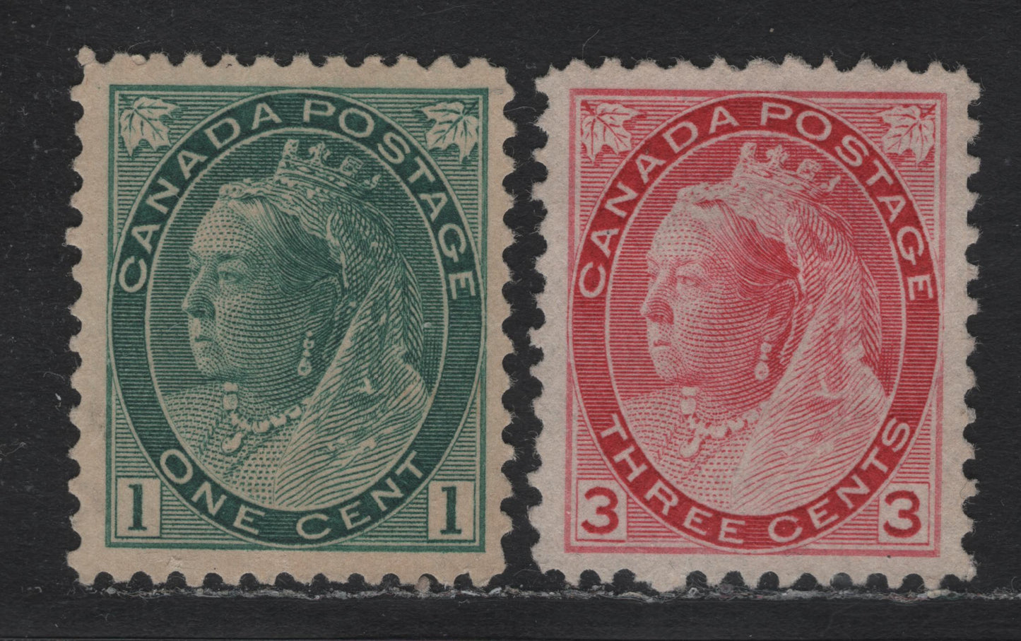 Lot 98 Canada #75, 78 1c - 3c Gray Green - Carmine Rose Queen Victoria, 1898-1902 Numeral Issue, 2 Very Fine Unused Singles, ABN-MM & ABN-X Issues, Perfs 12 & 12x11.9