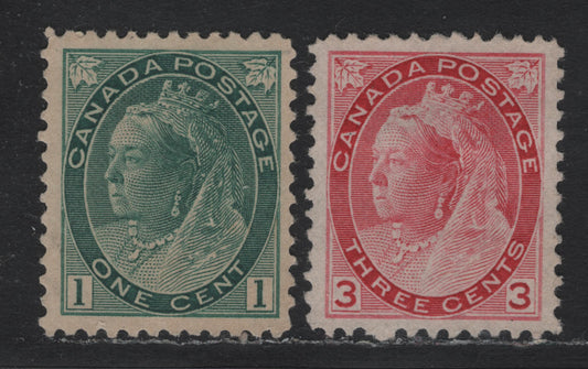 Lot 98 Canada #75, 78 1c - 3c Gray Green - Carmine Rose Queen Victoria, 1898-1902 Numeral Issue, 2 Very Fine Unused Singles, ABN-MM & ABN-X Issues, Perfs 12 & 12x11.9