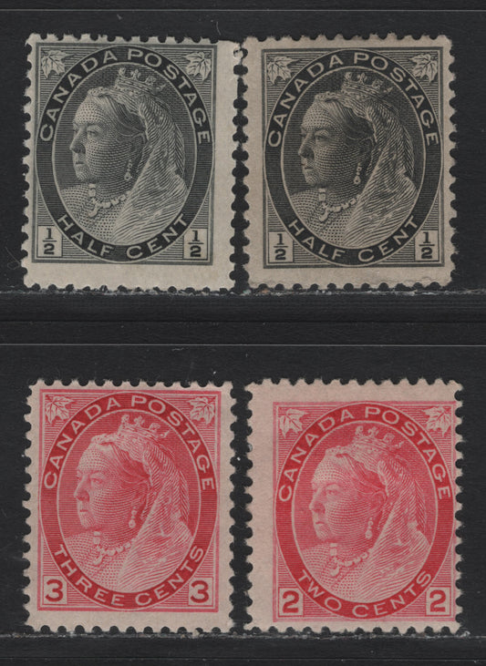 Lot 99 Canada #74,I, 77-78 1/2c - 3c Black - Carmine Queen Victoria, 1898-1902 Numeral Issue, 4 FOG Singles, Papers ABN-X & ABN-QQ, Perfs 12x11.9, 11.9x12 & 12