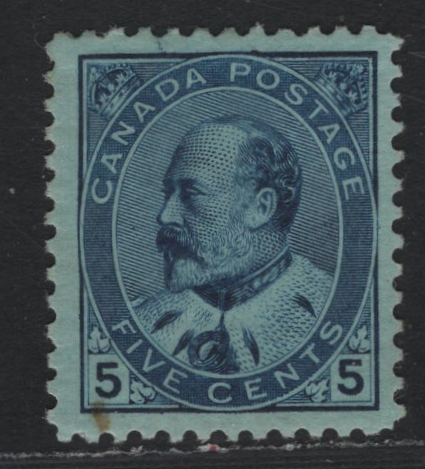 Lot 10 Canada #91 5c Blue, 1903-1908 King Edward VII Issue, A FOG Single, ABN-UUUU Paper, Perf 11.9x12, Small Gum Stain Affecting LL Numeral Box, Design Size 17.5x21mm.