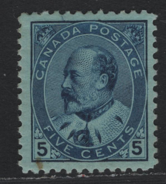 Lot 10 Canada #91 5c Blue, 1903-1908 King Edward VII Issue, A FOG Single, ABN-UUUU Paper, Perf 11.9x12, Small Gum Stain Affecting LL Numeral Box, Design Size 17.5x21mm.