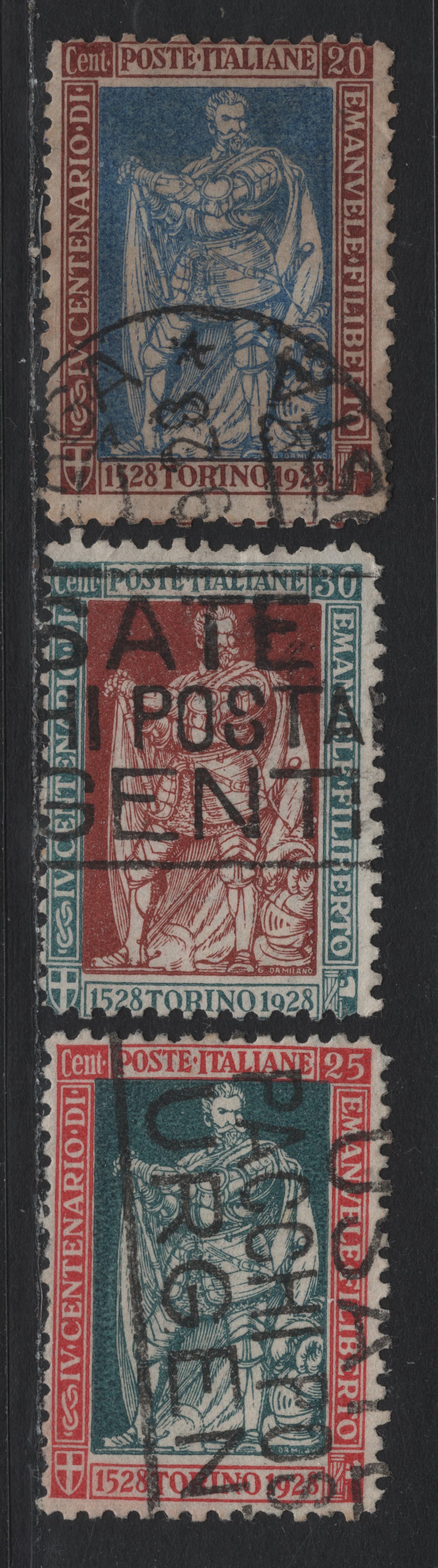 Lot 101 Italy SC#202-204 20c - 30c Red Brown & Ultramarine - Blue Green & Red Brown, 1928 Philibert Issue, 3 Very Good Used Singles, Perf 11