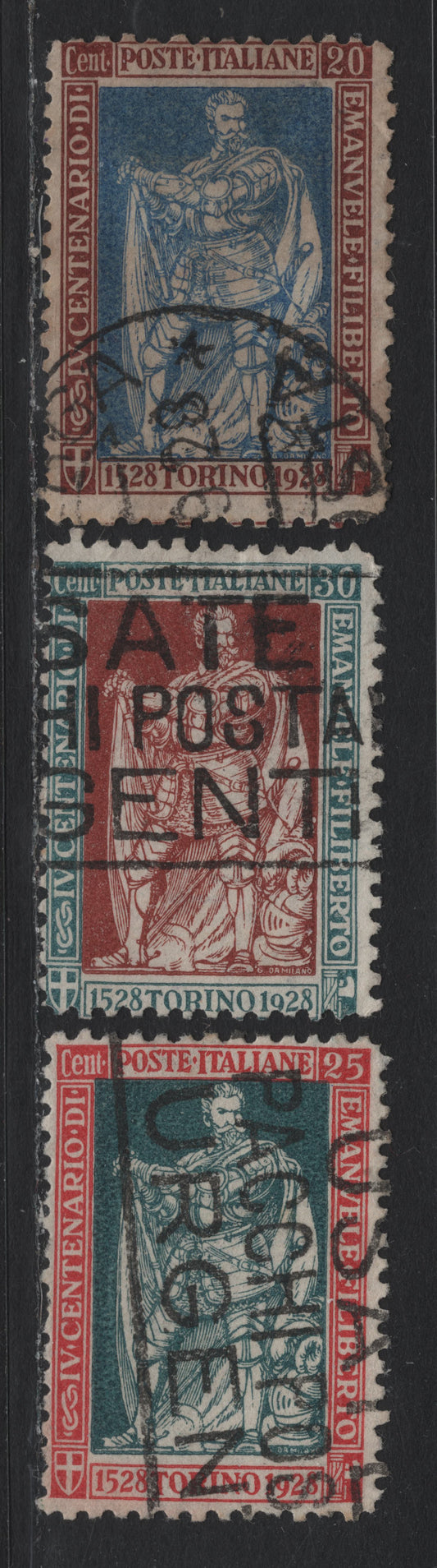 Lot 101 Italy SC#202-204 20c - 30c Red Brown & Ultramarine - Blue Green & Red Brown, 1928 Philibert Issue, 3 Very Good Used Singles, Perf 11