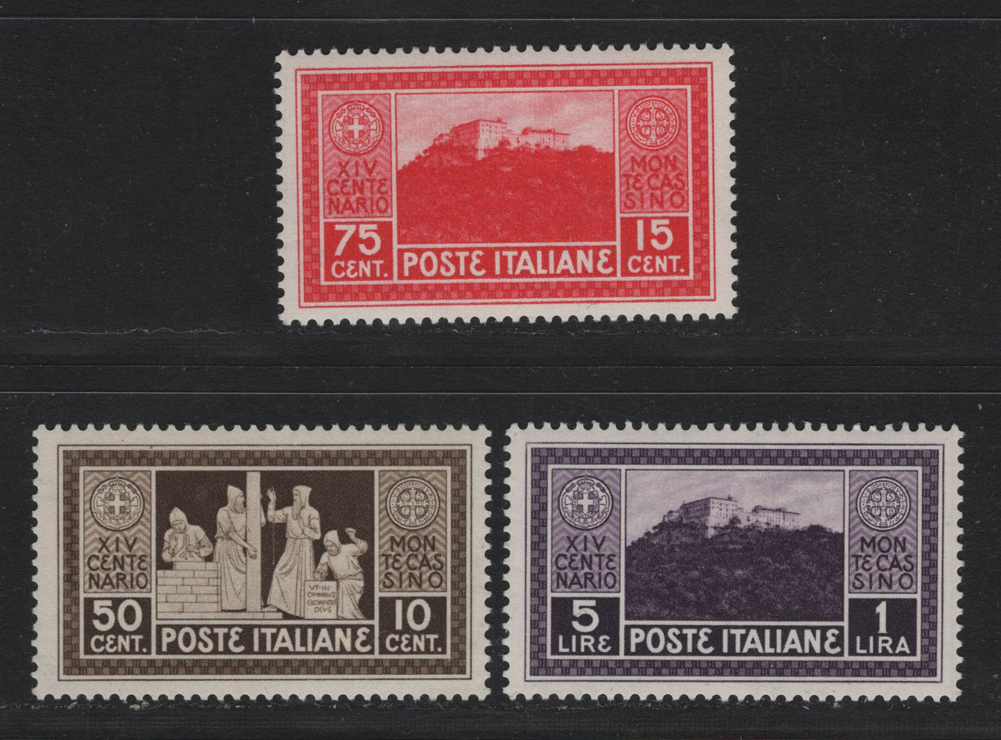 Lot 105 Italy SC#234-235, 237 50c+10c - 5l+1l Olive Brown - Dark Violet, 1929 Abbey Of Monte Cassino Issue, 3 VFNH Singles
