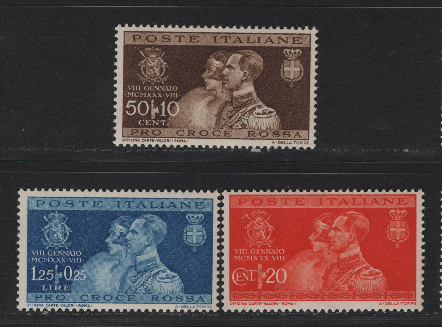 Lot 106 Italy SC#239-241 20c - 1.25l+25c Orange Red- Deep Blue, 1930 Marriage of Prince Humbert of Savoy Issue, 3 F/VFNH Singles