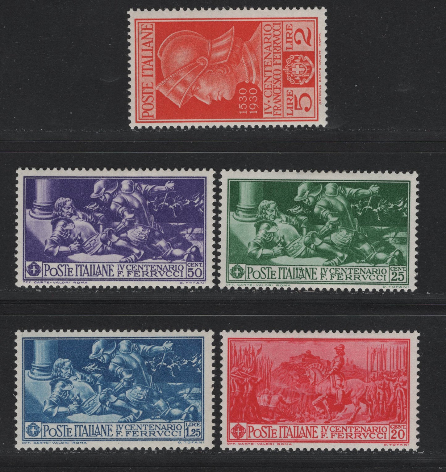 Lot 109 Italy (C) SC#242-246 20c - 5l+2l Rose Red - Orange Red, 1930 4th Cent of Death Of Francesco Feruacci Issue, 5 F/VFOG Singles