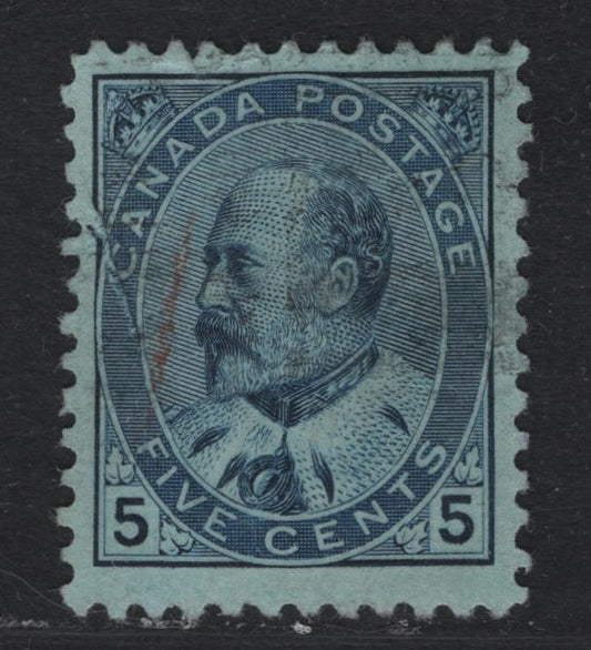 Lot 11 Canada #91 5c Blue, 1903-1908 King Edward VII Issue, A Very Fine Used Single, ABN-CCCCC Paper, Perf 11.9, Showing A Pre-Print Crease Affecting The 'C' of Canada & Around The Medallion, Well Centered & Lightly Cancelled, 17x21.4mm.