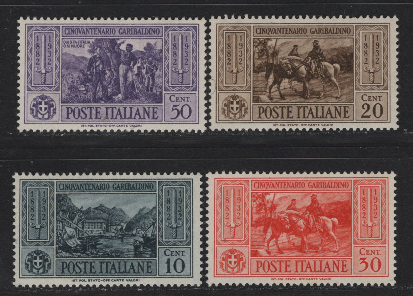 Lot 130 Italy SC#280-281, 283-284 10c - 50c Gray Black - Violet, 1932 Garibaldi Issue, 4 F/VFNH Singles