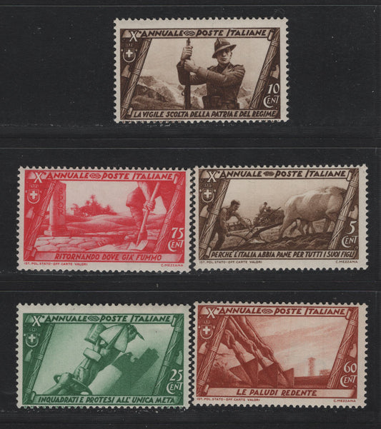Lot 135 Italy SC#290-291, 294, 298-299 5c - 75c Dark Brown - Carminer Rose, 1932 10th Anniv of the Fascist Gov't & March on Rome Issues, 5 FNH Singles