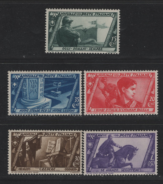 Lot 136 Italy SC#292-293, 295-297 15c - 50c Dark Gray Green - Purple, 1932 10th Anniv of the Fascist Gov't & March on Rome Issues, 5 VFNH Singles