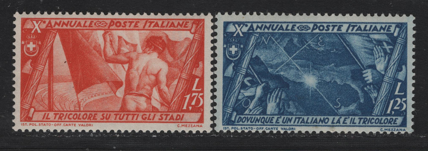 Lot 138 Italy SC#301-302 1.25l - 1.75l Deep Blue - Orange, 1932 10th Anniv of the Fascist Gov't & March on Rome Issues, 2 VFOG/NH Singles, Small Gum Disturbance On 1.75l