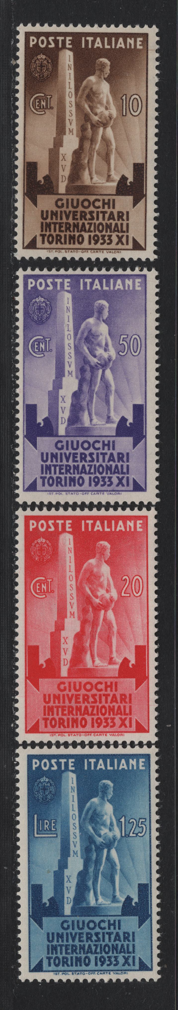 Lot 142 Italy SC#306-309 10c - 1.25l Dark Brown - Blue, 1933 International University Games Issue, 4 F/VFNH Singles, Sideways Wmk On 10c & 50c, Sideways Inverted On The 20c & 1.25l