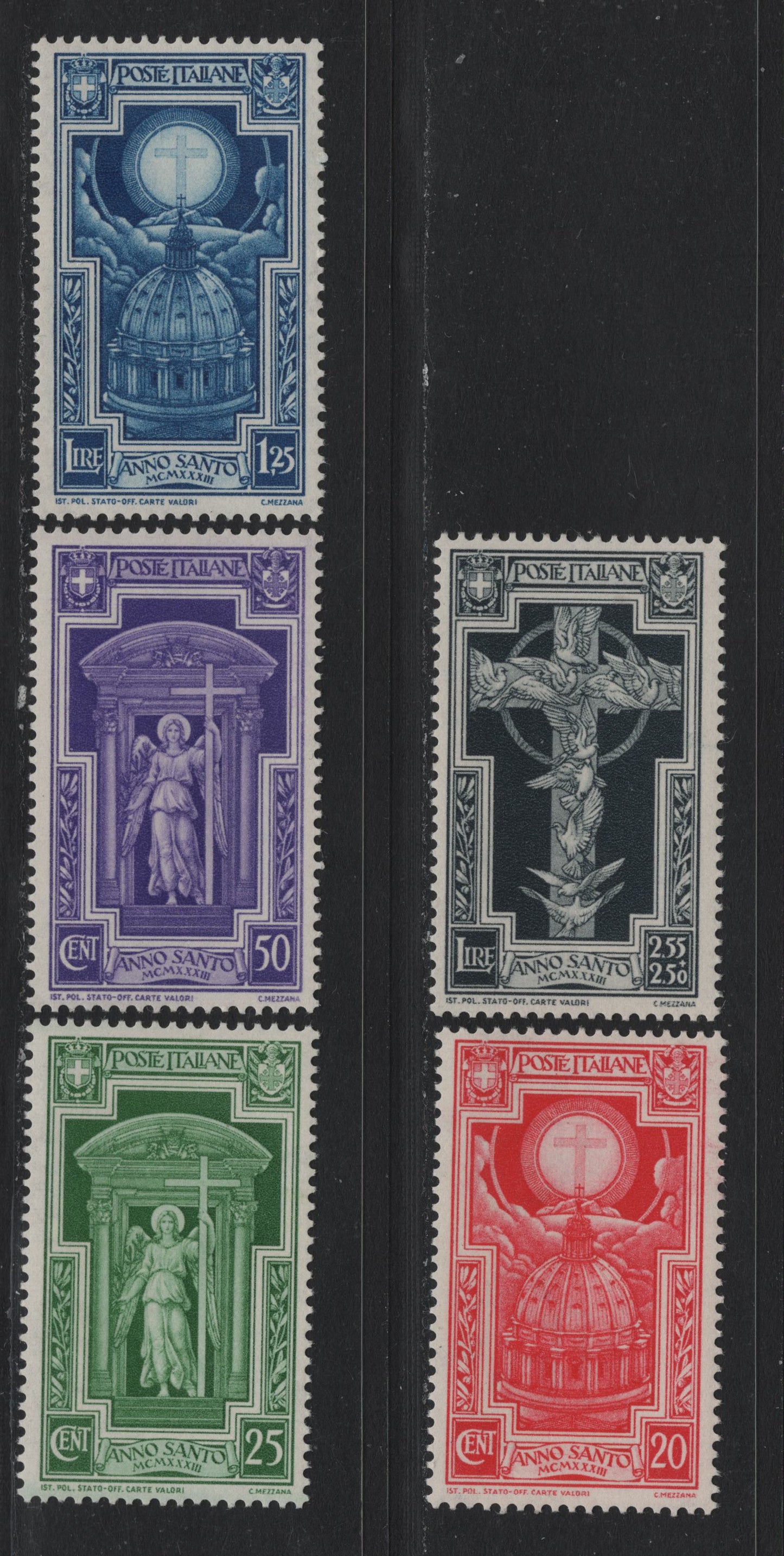 Lot 143 Italy SC#310-314 20c - 2.55l+2.5l Rose Red - Black, 1933 Holy Year Issue, 5 F/VFNH Singles, Sideways Wmk (All Values Except 50c & 1.25l) & Sideways Inverted Wmk