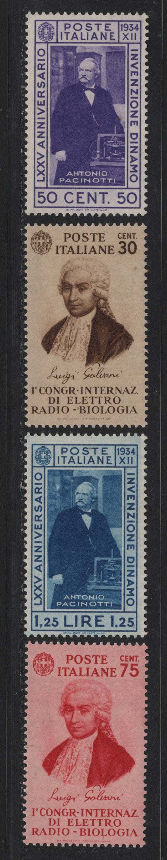 Lot 145 Italy SC#322-323, 329-330 50c - 75c Purple - Carmine Rose, 1934 Pacinotti - Electro-Radio Biology Congress Issues, 4 F/VFNH Singles