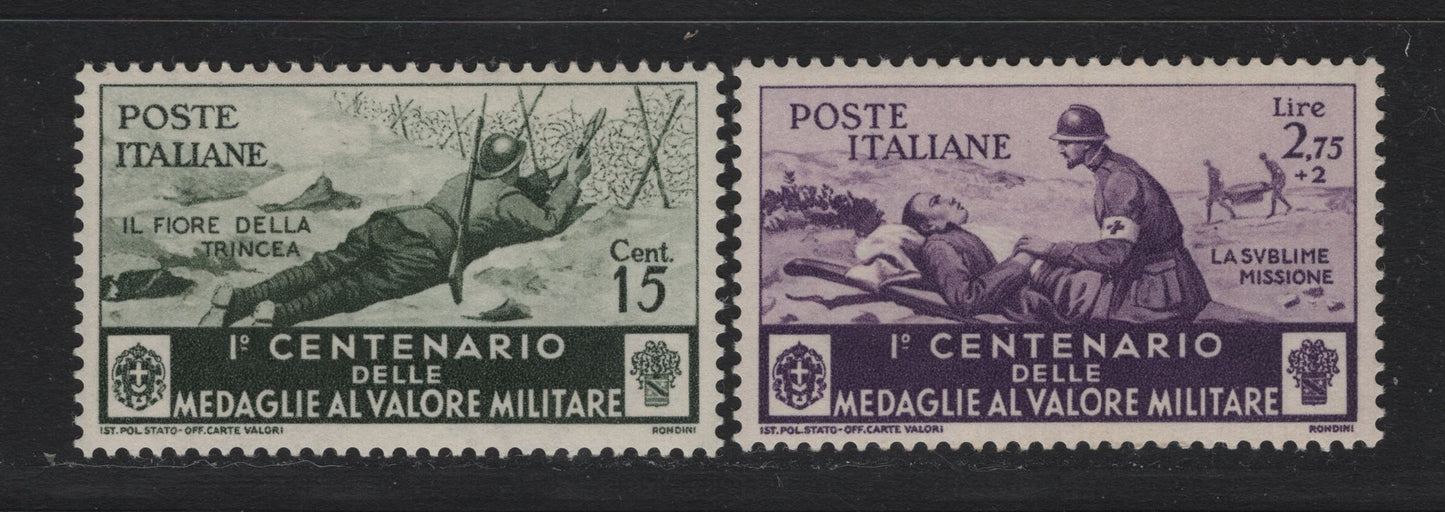 Lot 147 Italy SC#332, 341 15c - 2.75l+2l Olive Green - Violet, 1934 Centenary Of Military Medal of Valor Issue, 2 VFNH Singles