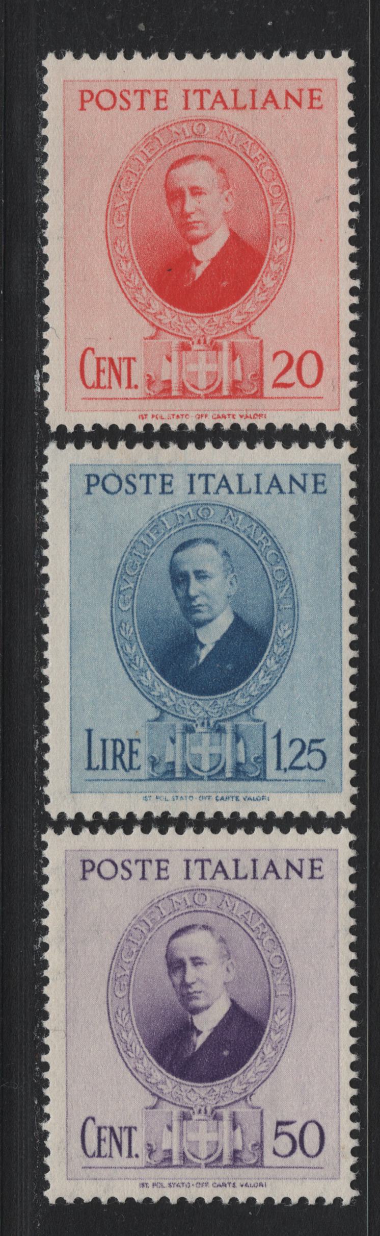 Lot 154 Italy SC#397-399 20c - 1.25l+25c Rose Pink - Blue, 1938 Marconi Issue, 2 F/VFNH Singles