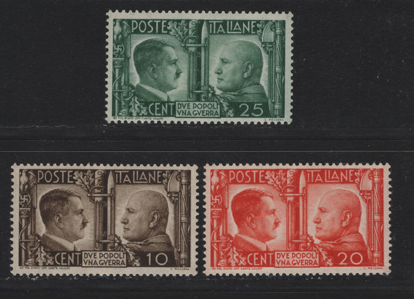 Lot 160 Italy SC#413-415 10c - 25c Deep Brown - Deep Green, 1941 Rome-Berlin Axis Issue, 3 VFNH Singles