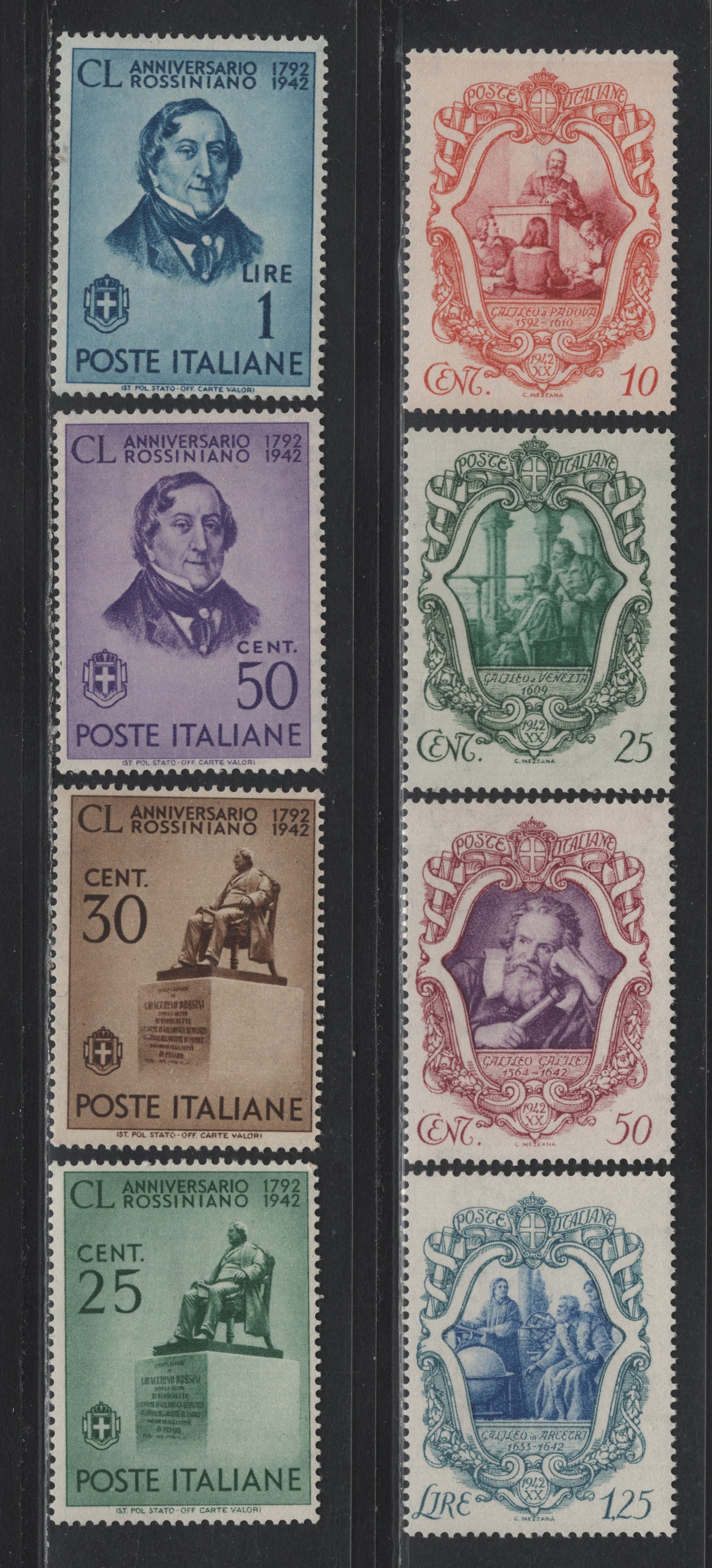 Lot 164 Italy SC#419-425 10c - 1l Dark Orange & Lake - Blue, 1942 Galileo & Rossini Issues, 7 F/VFOG/NH Singles, The Galileo Issue Is NH