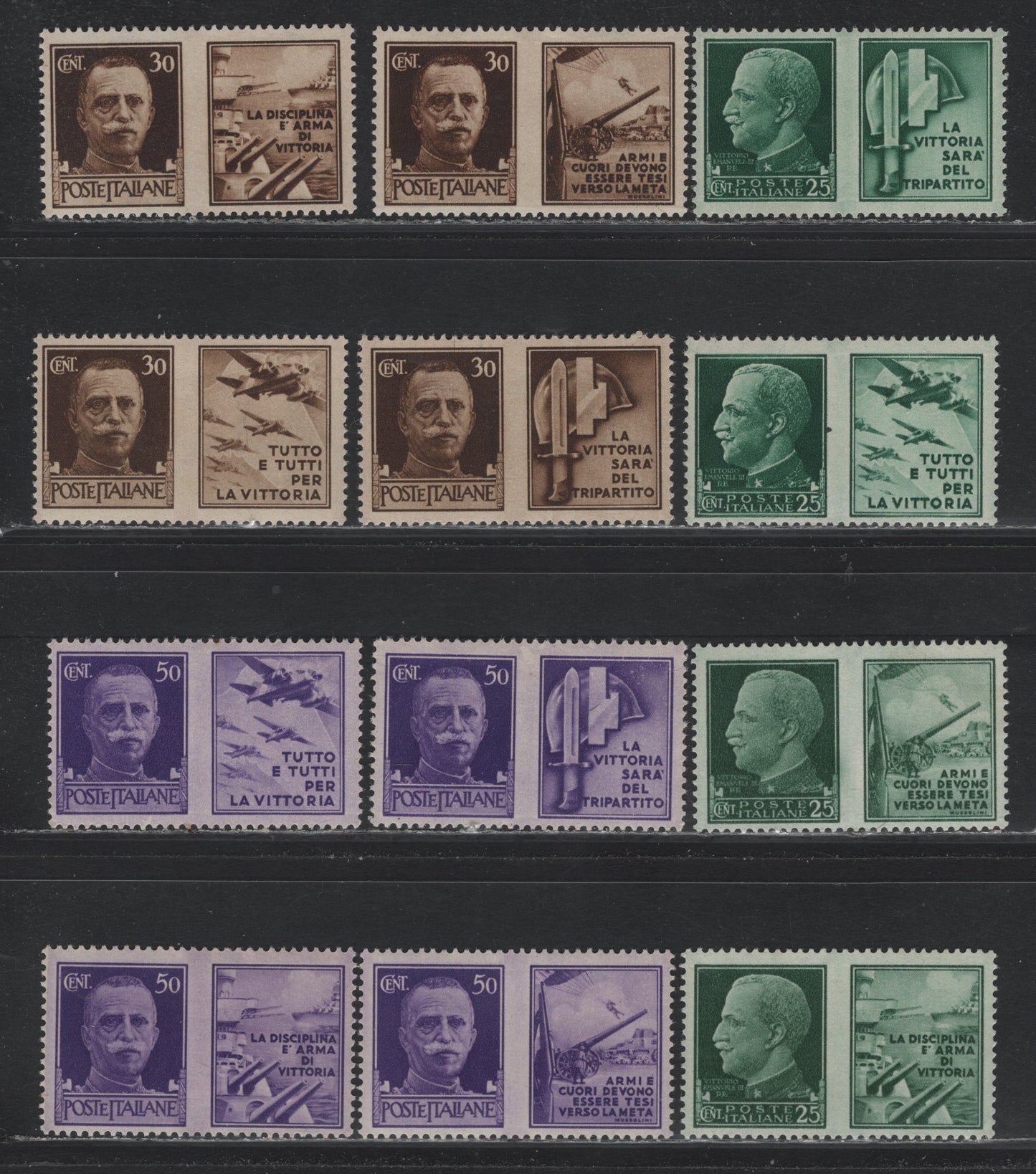 Lot 165 Italy SC#427-438 25c - 50c Deep Green - Purple, 1942 Italian Army Issue, 12 F/VFNH Singles