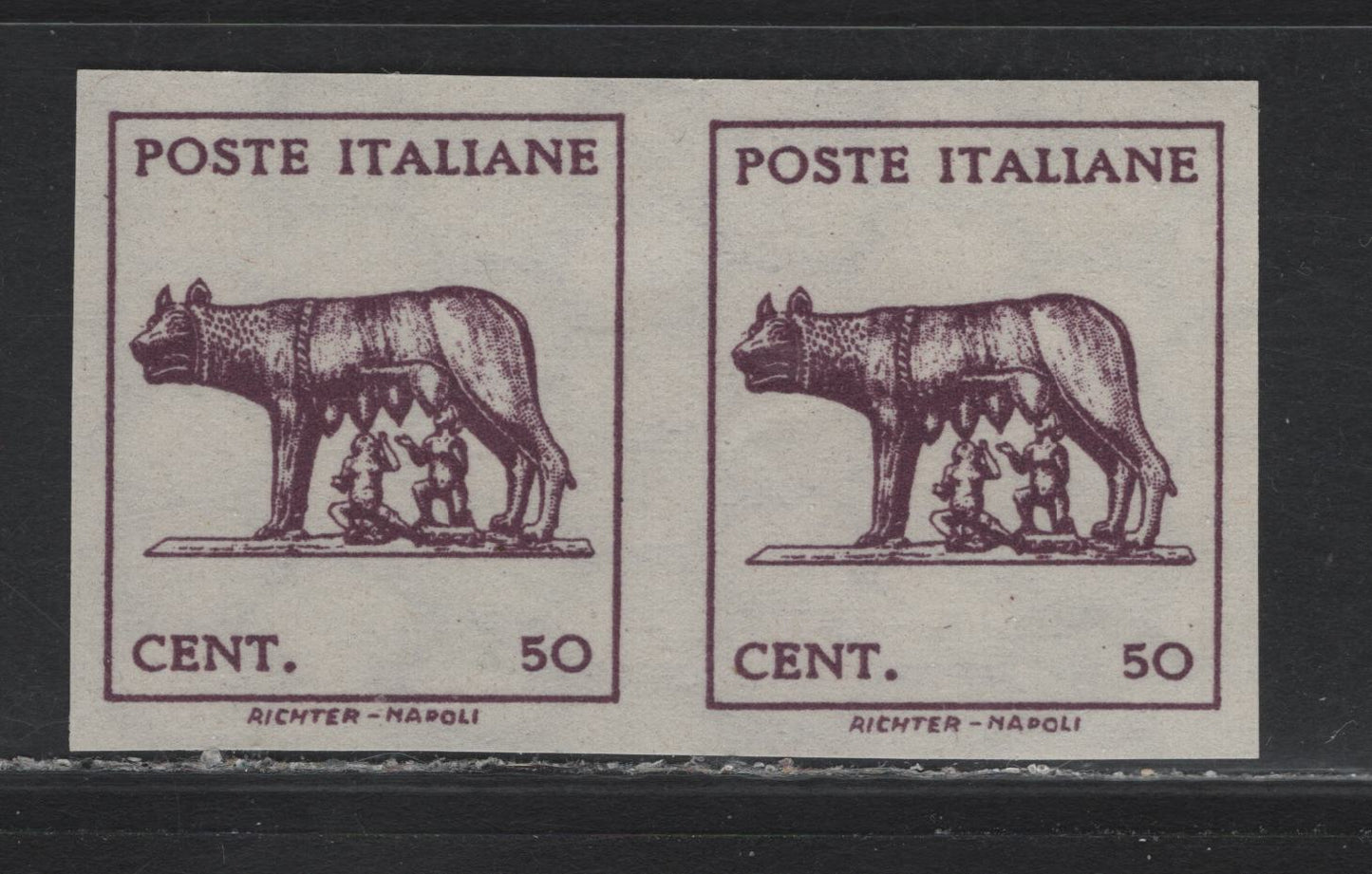 Lot 167 Italy SC#439var 50c Rose Violet, 1942 Italian Army Issue, A Very Fine Unused Imperf Pair, Watermarked Paper, Missing the Bistre Rose Security Underprint In The Background & Imperf, Signed Giuseppe Pinto.