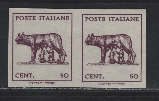 Lot 167 Italy SC#439var 50c Rose Violet, 1942 Italian Army Issue, A Very Fine Unused Imperf Pair, Watermarked Paper, Missing the Bistre Rose Security Underprint In The Background & Imperf, Signed Giuseppe Pinto.