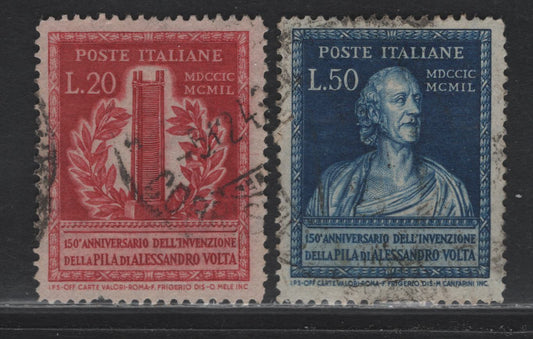 Lot 170 Italy (C) SC#526-527 20l - 50l Rose Carmine - Deep Blue, 1949 150th Anniv of Invention of Votaic Pile Issue, 2 Very Good/Fine Used Singles, As Lot 169, But Pulled Perf on 20l