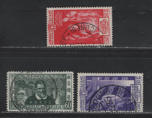Lot 171 Italy SC#656, B39, B41 60c - 50+30c Gray Green - Violet, 1954 Marco Polo - Militia Semi-Postal Issues, 3 Very Good/Fine/Very Fine Used Singles, Horizontal Crease On the 50+30c Violet
