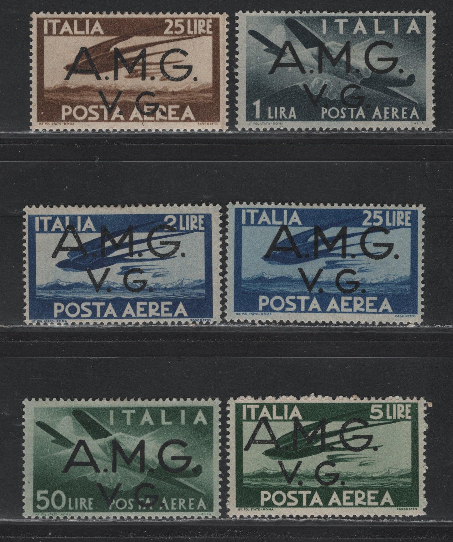 Lot 172 Italy SC#1LNC1-1LNC7 1l - 50l Slate Blue - Dark Green, 1946-1947 Overprinted Airmail Issue, 7 F/VFOG Singles, FMG VG
