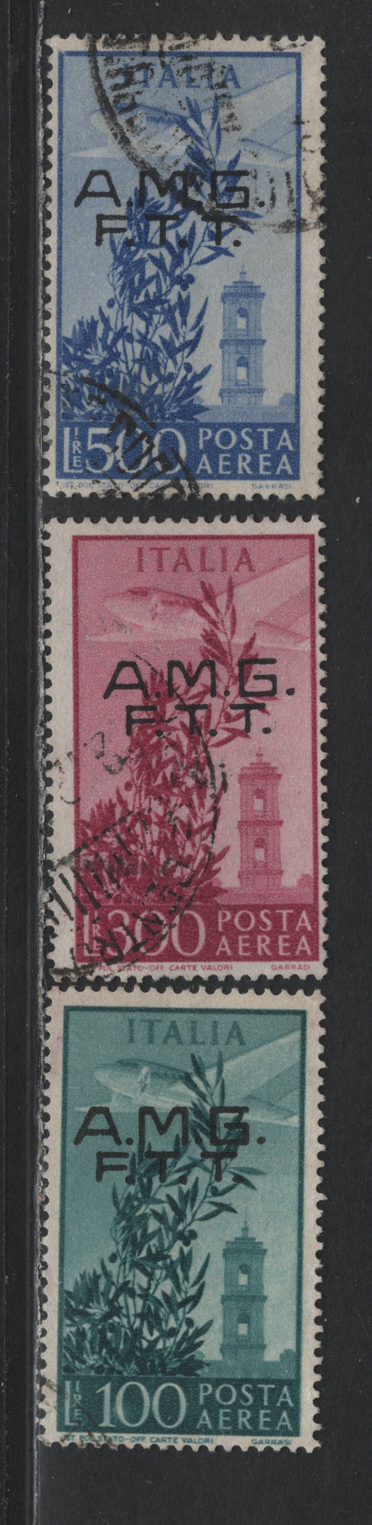 Lot 174 Italy - Trieste SC#C13-C15 100l - 500l Green - Ultramarine, 1948 Airmail Issue, 3 Fine/Very Fine Used Singles