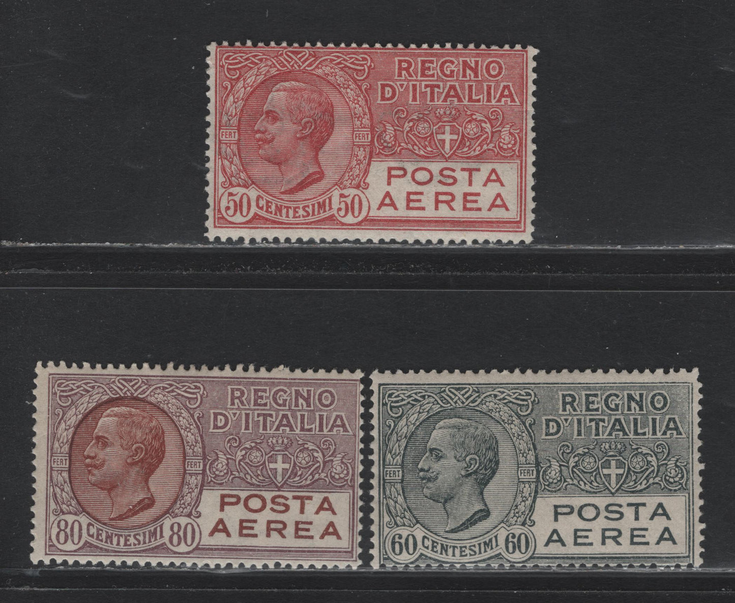 Lot 175 Italy SC#C3-C5 50c - 80c Rose Red - Brown Violet & Brown, 1926-1928 Victor Emmanuel III Airmail Issue, 3 FOG Singles