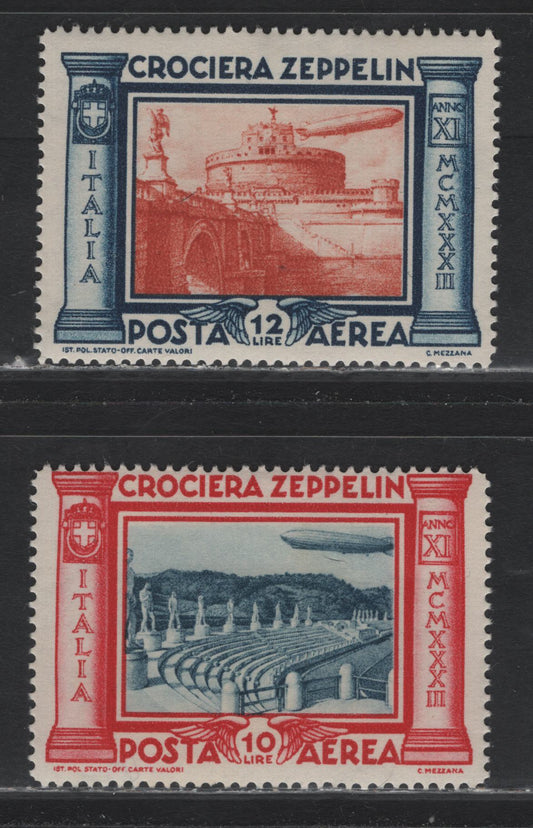 Lot 184A Italy SC#C44-C45 10l - 12l Carmine & Dull Blue - Dark Blue & Red Orange, 1933 Graf Zeppelin Airmail Issue, 2 VFOG Singles