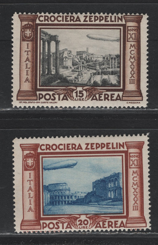 Lot 185 Italy SC#C46-C47 15l - 20l Dark Brown & Gray - Orange Brown & Blue, 1933 Graf Zeppelin Airmail Issue, 2 VFOG Singles