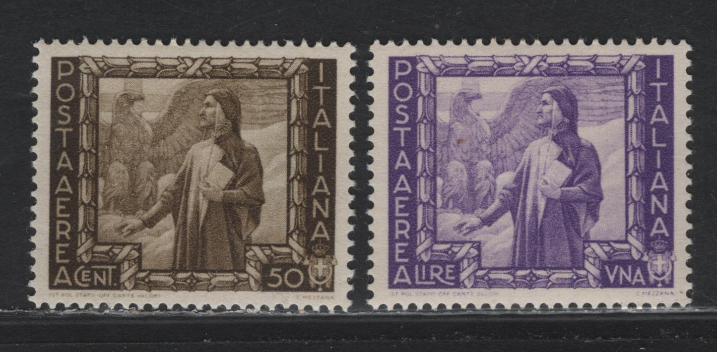 Lot 187 Italy SC#C101var, C102var 50c - 1l Dark Yellow Brown - Violet, 1938 Proclamation of Empire Issue, 2 VFOG Singles, Sideways Right Wmk, Normal Is Upright