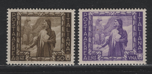 Lot 187 Italy SC#C101var, C102var 50c - 1l Dark Yellow Brown - Violet, 1938 Proclamation of Empire Issue, 2 VFOG Singles, Sideways Right Wmk, Normal Is Upright