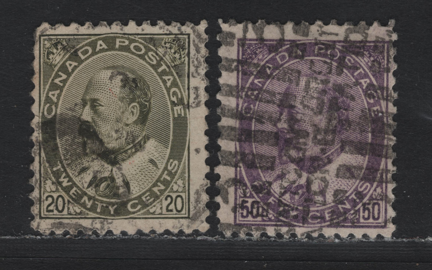 Lot 19 Canada #94-95 20c - 50c Olive Green - Purple, 1903-1908 King Edward VII Issue, 2 Very Good/Fine Used Singles, Unchecked As to Specific Paper Types