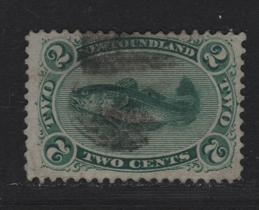 Lot 194 Newfoundland #24a 2c Green , 1865-1894 Cents Issue, A Very Good Used Single, Cents-V Paper, Perf 11.9, Shallow Hinge Thin At Top, Well Centered For This Issue, Cork Cancel.