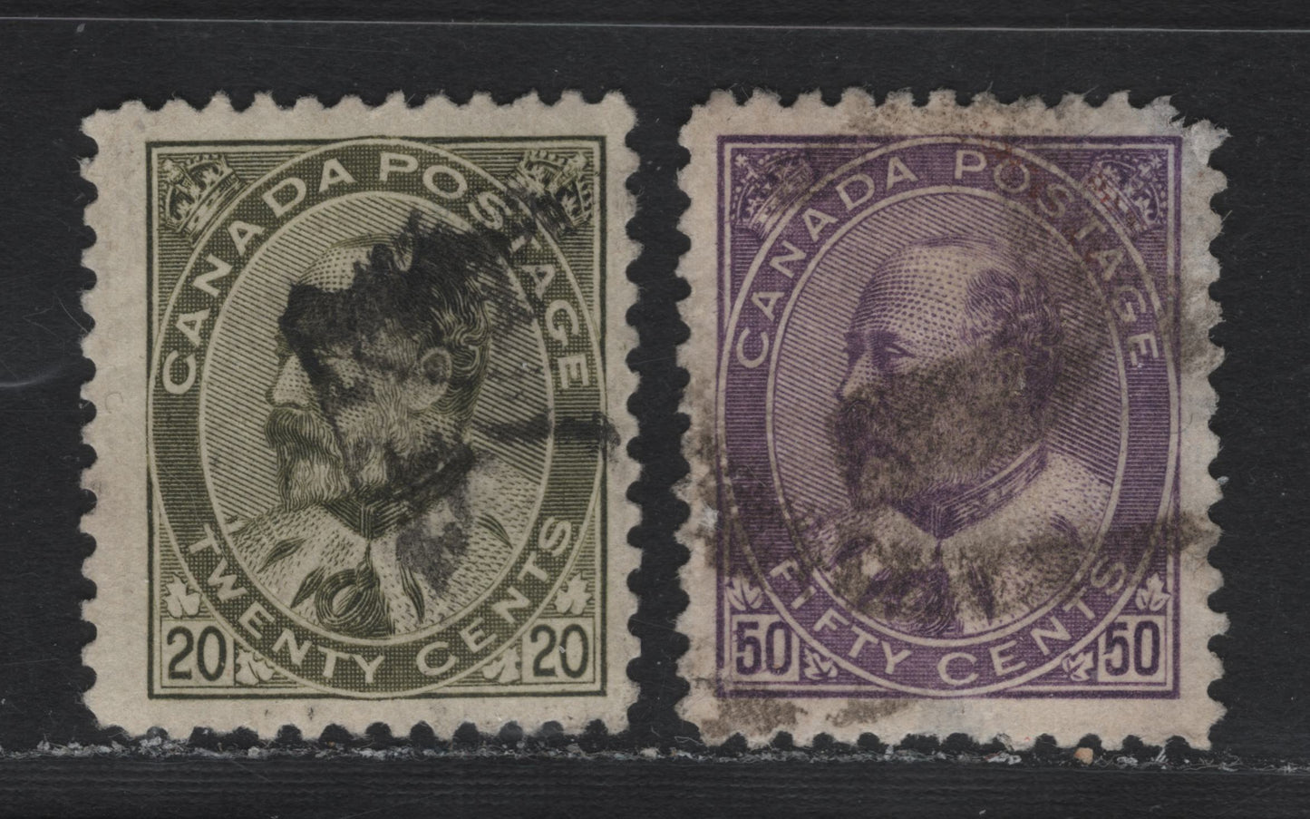 Lot 20 Canada #94-95 20c - 50c Olive Green - Purple, 1903-1908 King Edward VII Issue, 2 Good/Very Good Used Singles, ABN-B & ABN-A Papers, 20c Has A Small Corner Crease At UR 7 50c Has Two Large Thins That End In A Rounded Corner