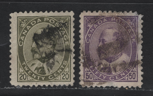 Lot 20 Canada #94-95 20c - 50c Olive Green - Purple , 1903-1908 King Edward VII Issue, 2 Good/Very Good Used Singles, ABN-B & ABN-A Papers, 20c Has A Small Corner Crease At UR 7 50c Has Two Large Thins That End In A Rounded Corner
