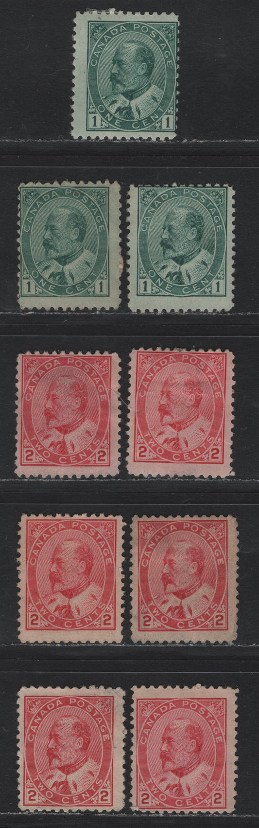Lot 2 Canada #89iii, 90i 1c - 2c Blue Green - Rose Carmine , 1903-1908 King Edward VII Issue, 9 VG/FOG & Unused Singles, Various Papers, Unchecked As To Specific Type And Exact Perf