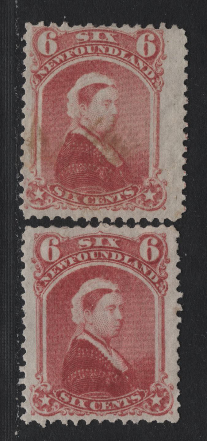 Lot 204 Newfoundland #35 6c Deep Dull Rose - Dull Rose, 1868-1894 2nd Cents Issue, 2 VG/FOG Singles, Cents-DD Paper, Perfs 12x11.75 & 12x11.9.