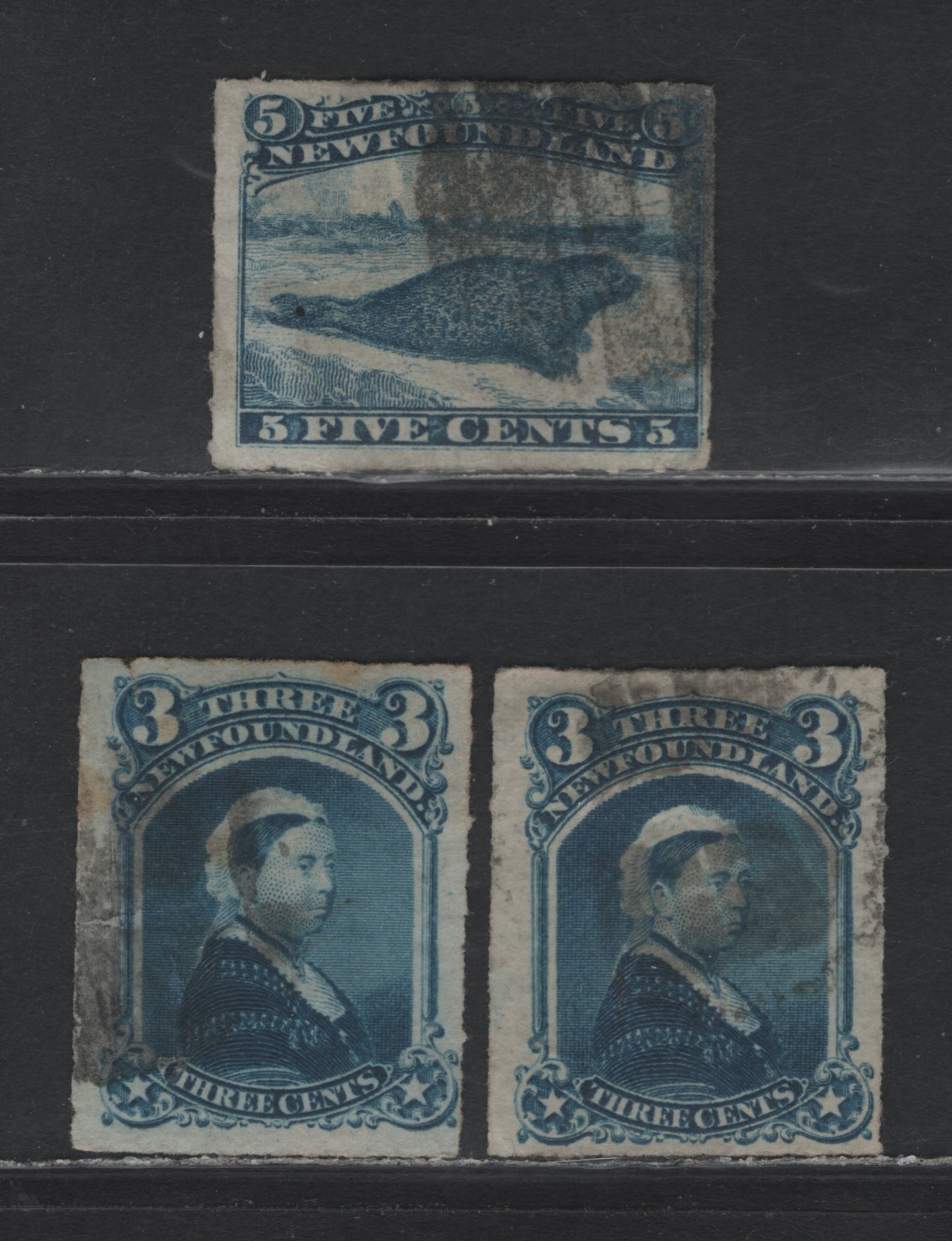 Lot 207 Newfoundland #39-40 3c - 5c Blue, 1876-1879 3rd Cents Issue, 3 Very Good/Fine Used Singles, Cents-M, Cents-FF & Cents-Y Papers, 5c Has A Small Corner Crease.