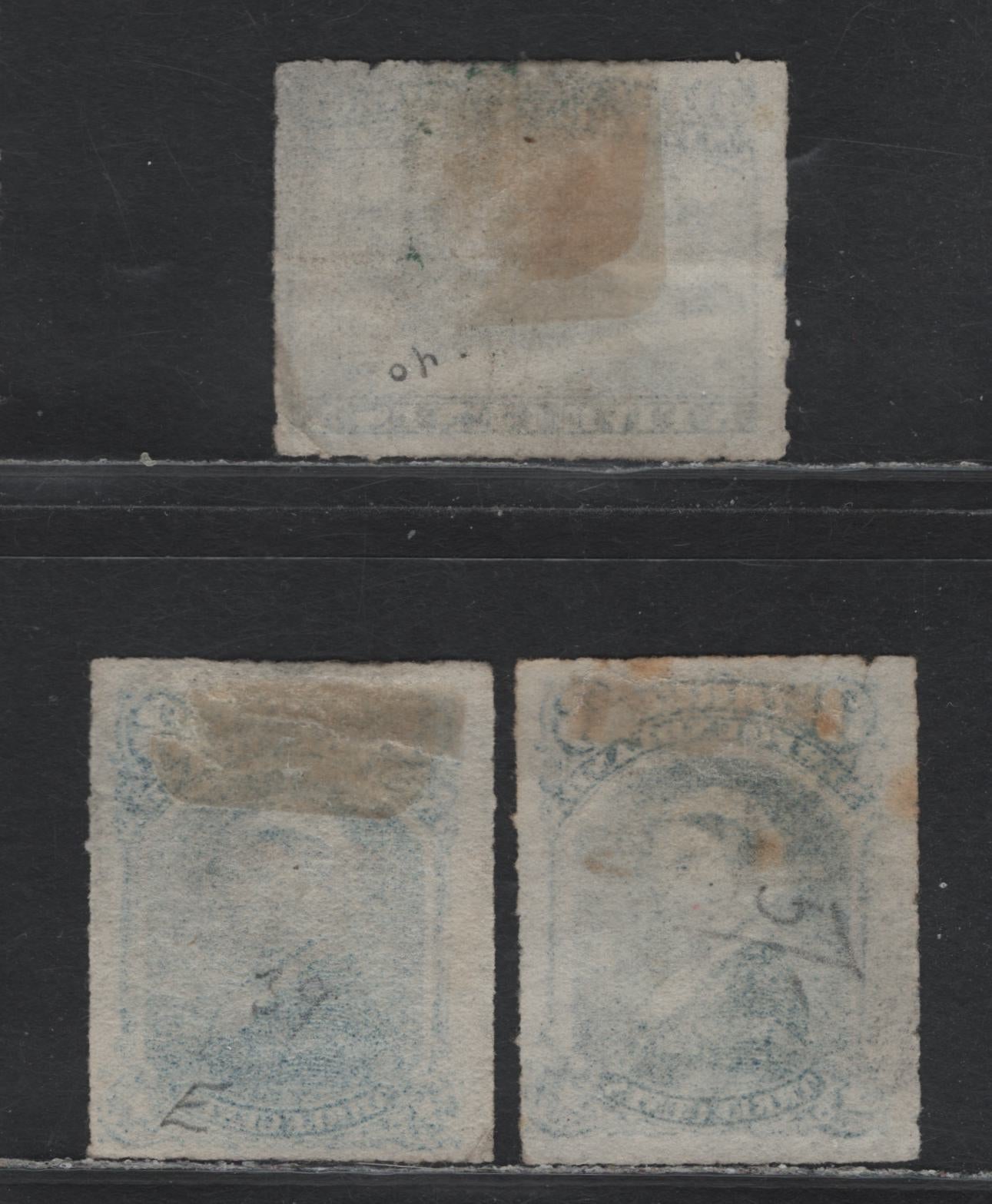 Lot 207 Newfoundland #39-40 3c - 5c Blue, 1876-1879 3rd Cents Issue, 3 Very Good/Fine Used Singles, Cents-M, Cents-FF & Cents-Y Papers, 5c Has A Small Corner Crease.